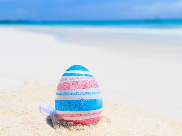 Œuf coloré sur le sable d'une plage tropicale.